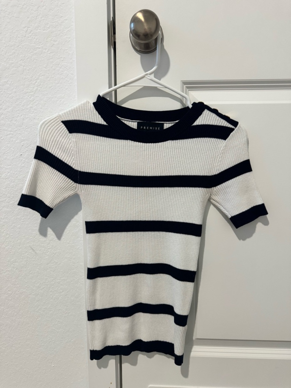 Premise Navy & White Ribbed Crewneck Top